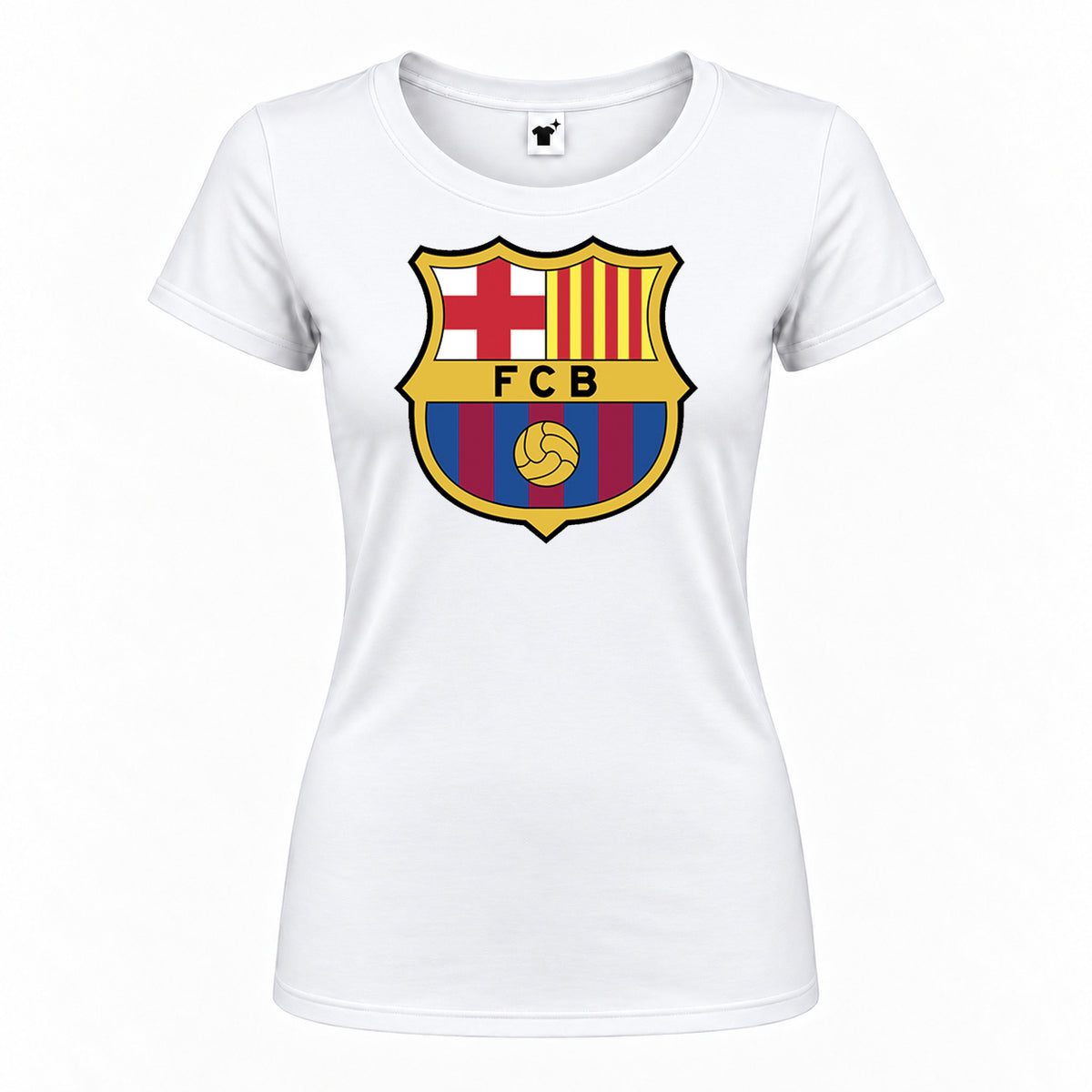 Women's F.C. Barcelona Soccer Round Neck T-Shirt — White — original logo on current Drive garment