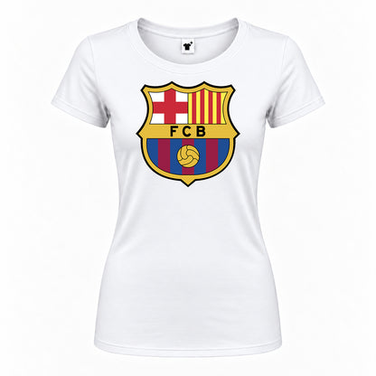 Women's F.C. Barcelona Soccer Round Neck T-Shirt — White — original logo on current Drive garment