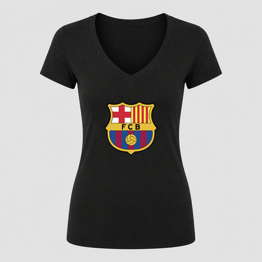 Women's F.C. Barcelona Soccer V-Neck T-Shirt | Color: Black | Original artwork on Drive garment