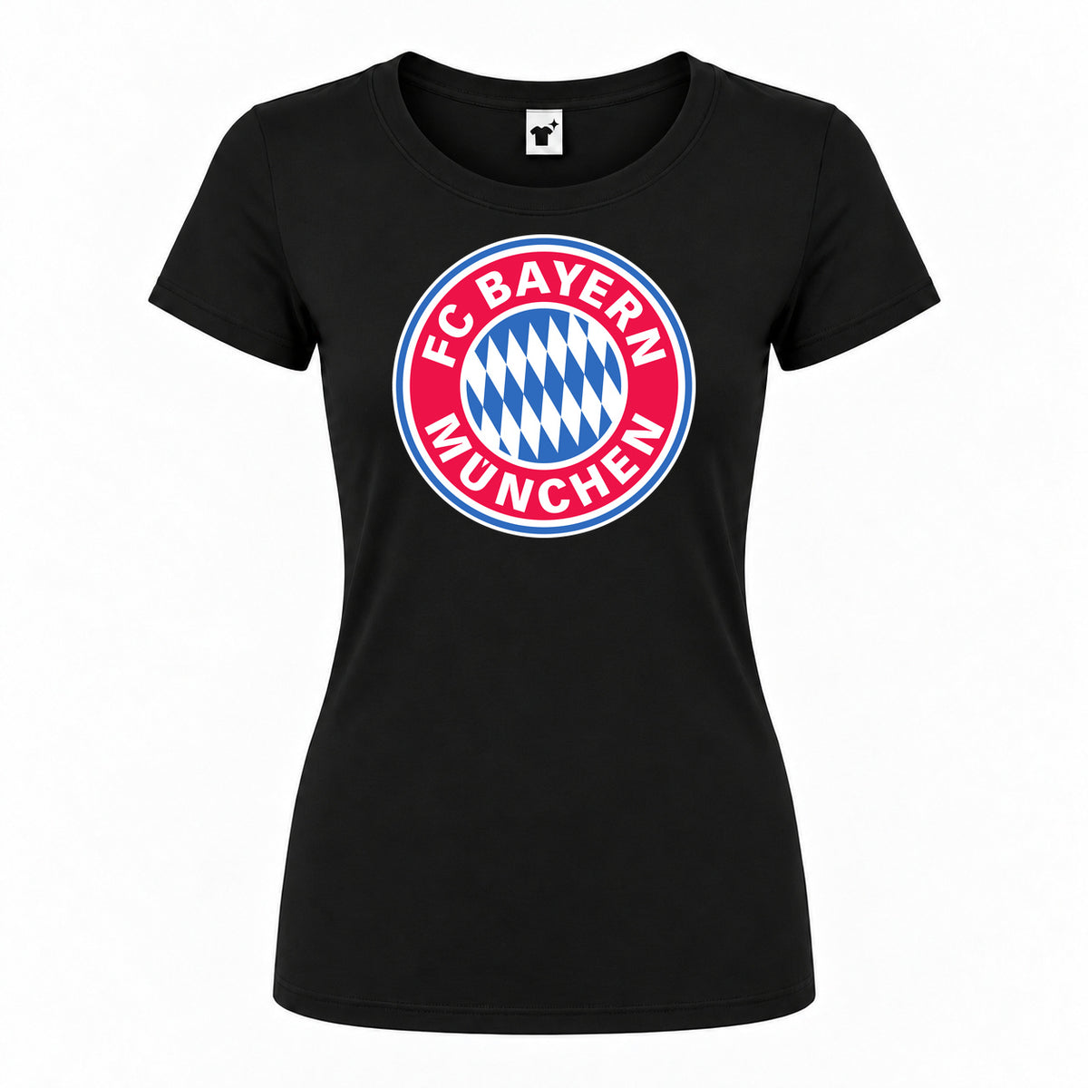 Women's F.C. Bayern Munchen Soccer Round Neck T-Shirt — Black — original logo on current Drive garment
