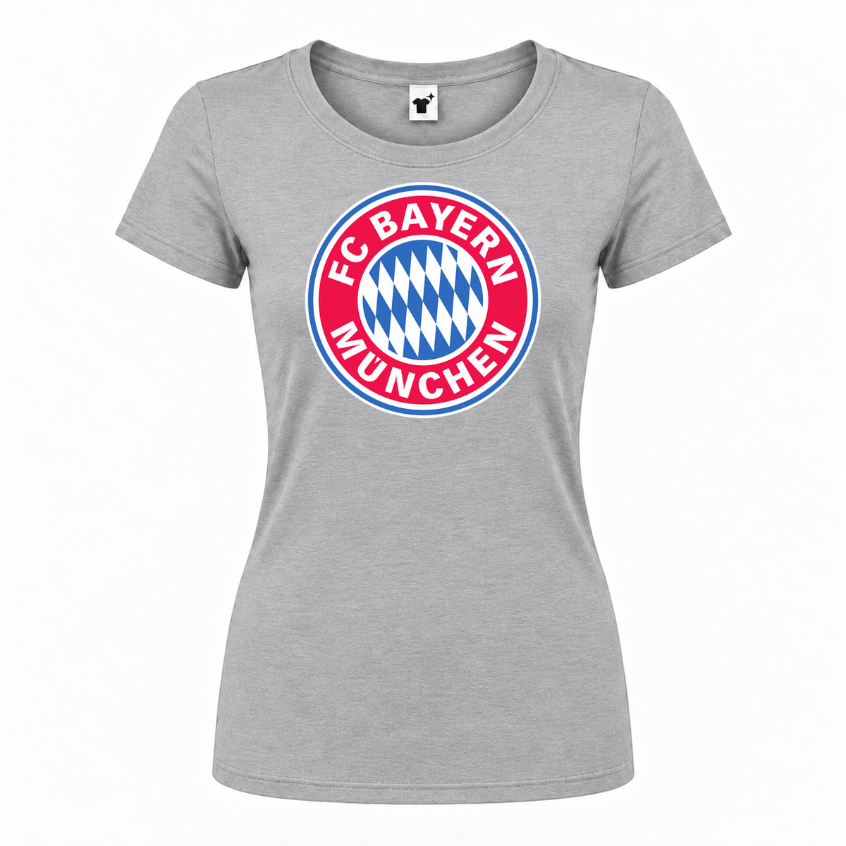 Women's F.C. Bayern Munchen Soccer Round Neck T-Shirt — Grey — original logo on current Drive garment