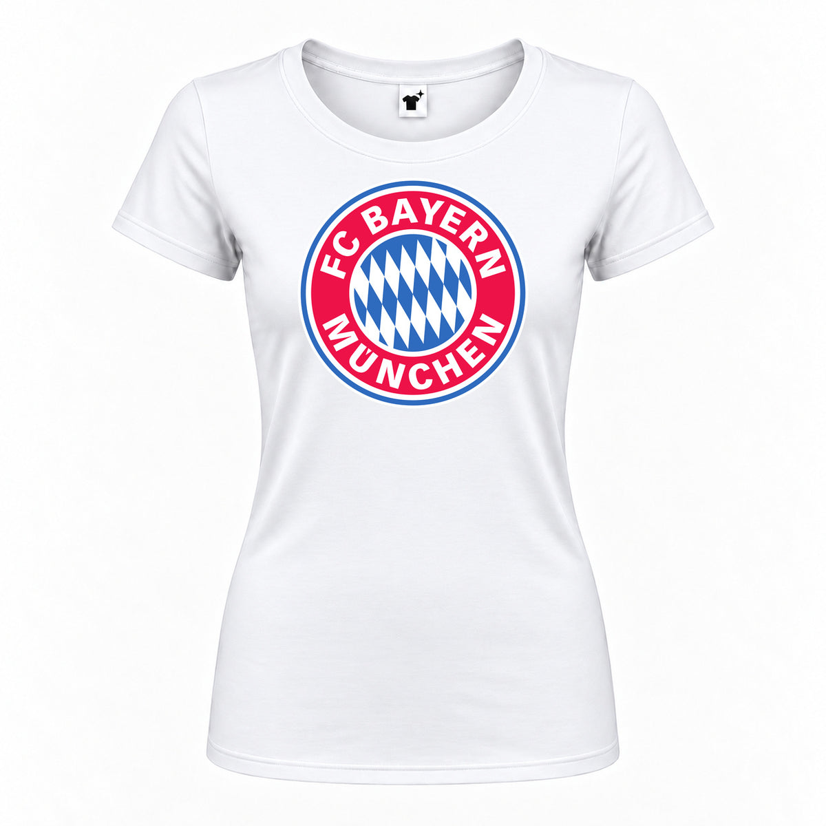 Women's F.C. Bayern Munchen Soccer Round Neck T-Shirt — White — original logo on current Drive garment