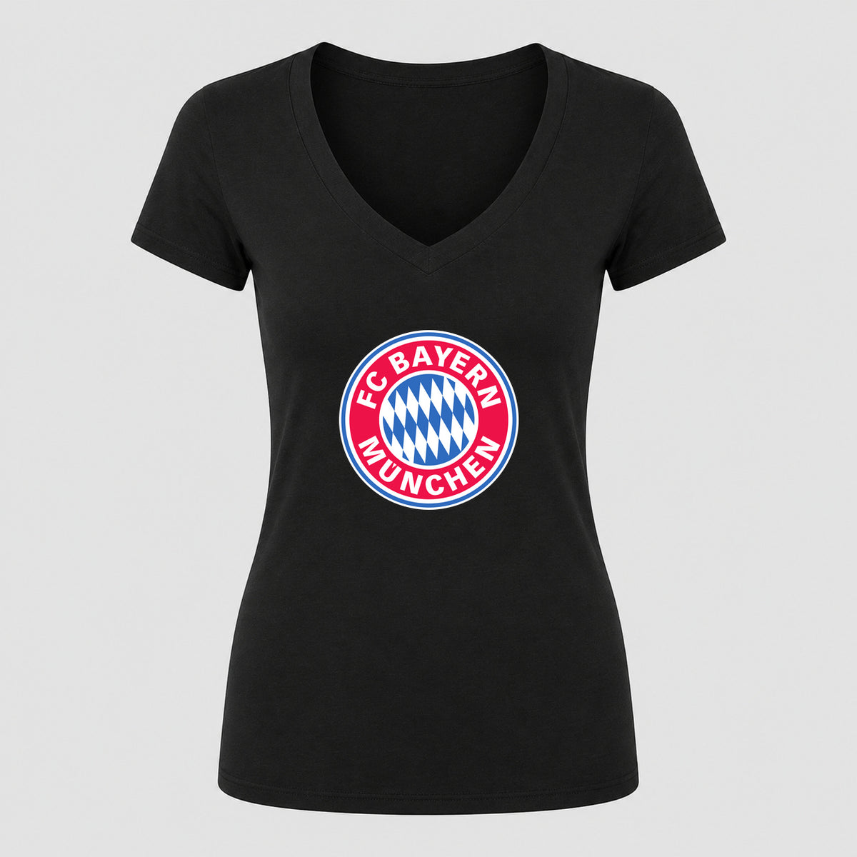 Women's F.C. Bayern Munchen Soccer V-Neck T-Shirt | Color: Black | Original artwork on Drive garment