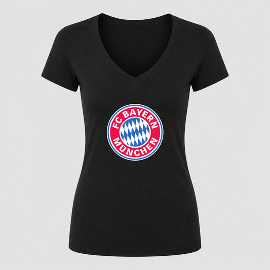 Women's F.C. Bayern Munchen Soccer V-Neck T-Shirt | Color: Black | Original artwork on Drive garment