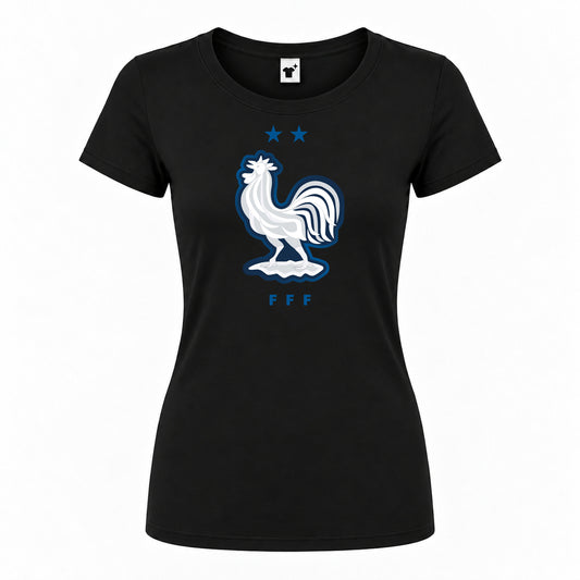 Women's France National Soccer Team Round Neck T-Shirt — Black — original logo on current Drive garment