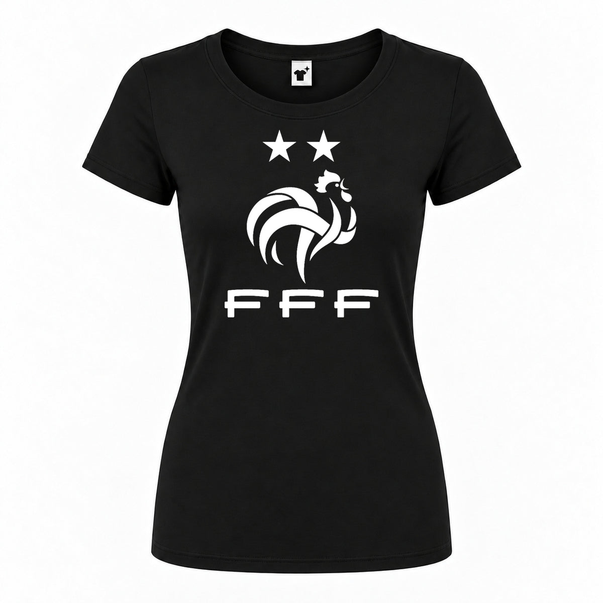 Women's France Soccer Round Neck T-Shirt — Black — original logo on current Drive garment