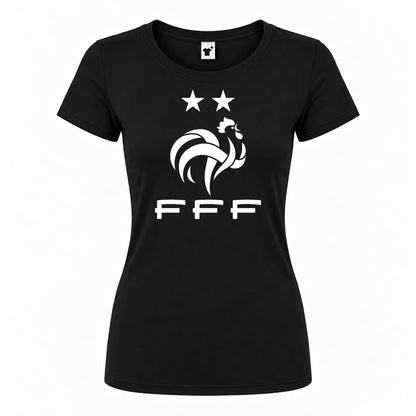 Women's France Soccer Round Neck T-Shirt — Black — original logo on current Drive garment