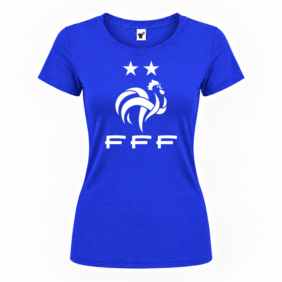 Women's France Soccer Round Neck T-Shirt — Royal Blue — original logo on current Drive garment