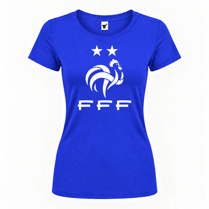 Women's France Soccer Round Neck T-Shirt — Royal Blue — original logo on current Drive garment