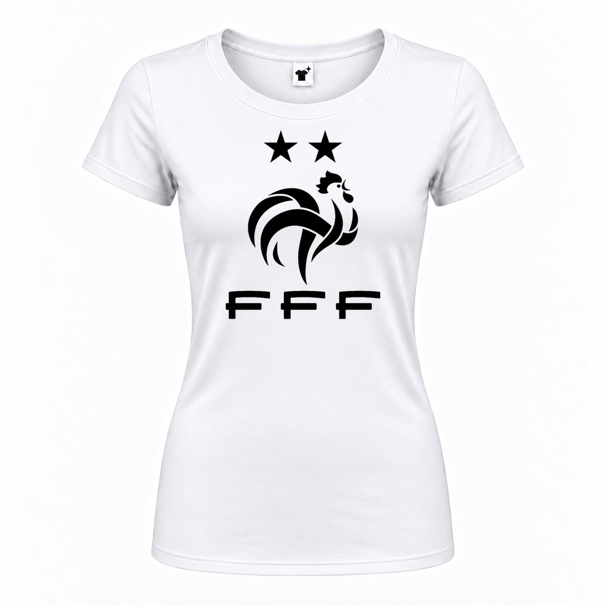 Women's France Soccer Round Neck T-Shirt — White — original logo on current Drive garment