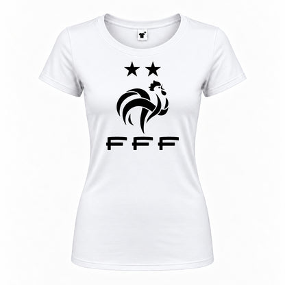 Women's France Soccer Round Neck T-Shirt — White — original logo on current Drive garment