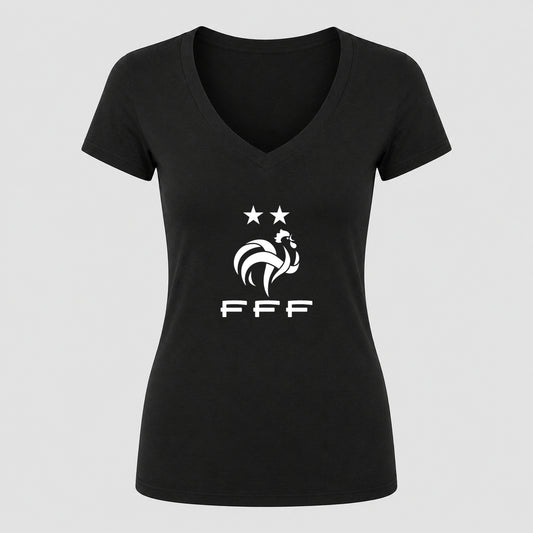 Women's France Soccer V-Neck T-Shirt | Color: Black | Original artwork on Drive garment