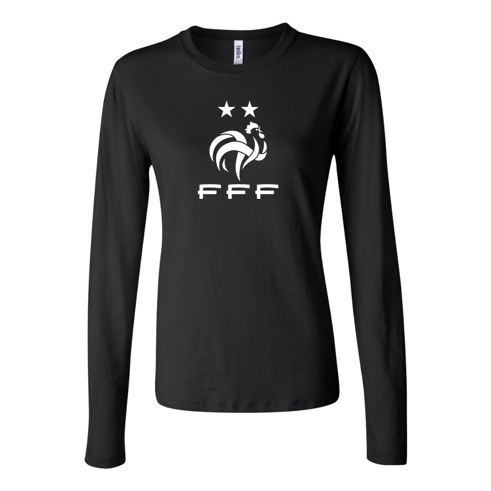 Women's France Soccer Long Sleeve T-Shirt | Color: Black | Original artwork on Drive garment