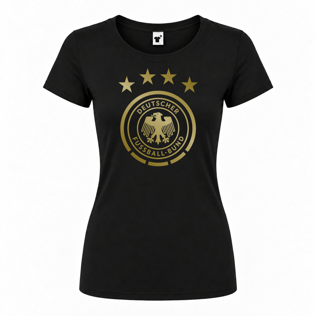 Women's Germany Soccer Round Neck T-Shirt — Black — original logo on current Drive garment