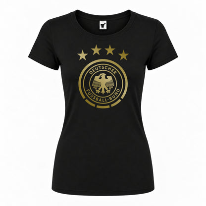 Women's Germany Soccer Round Neck T-Shirt — Black — original logo on current Drive garment
