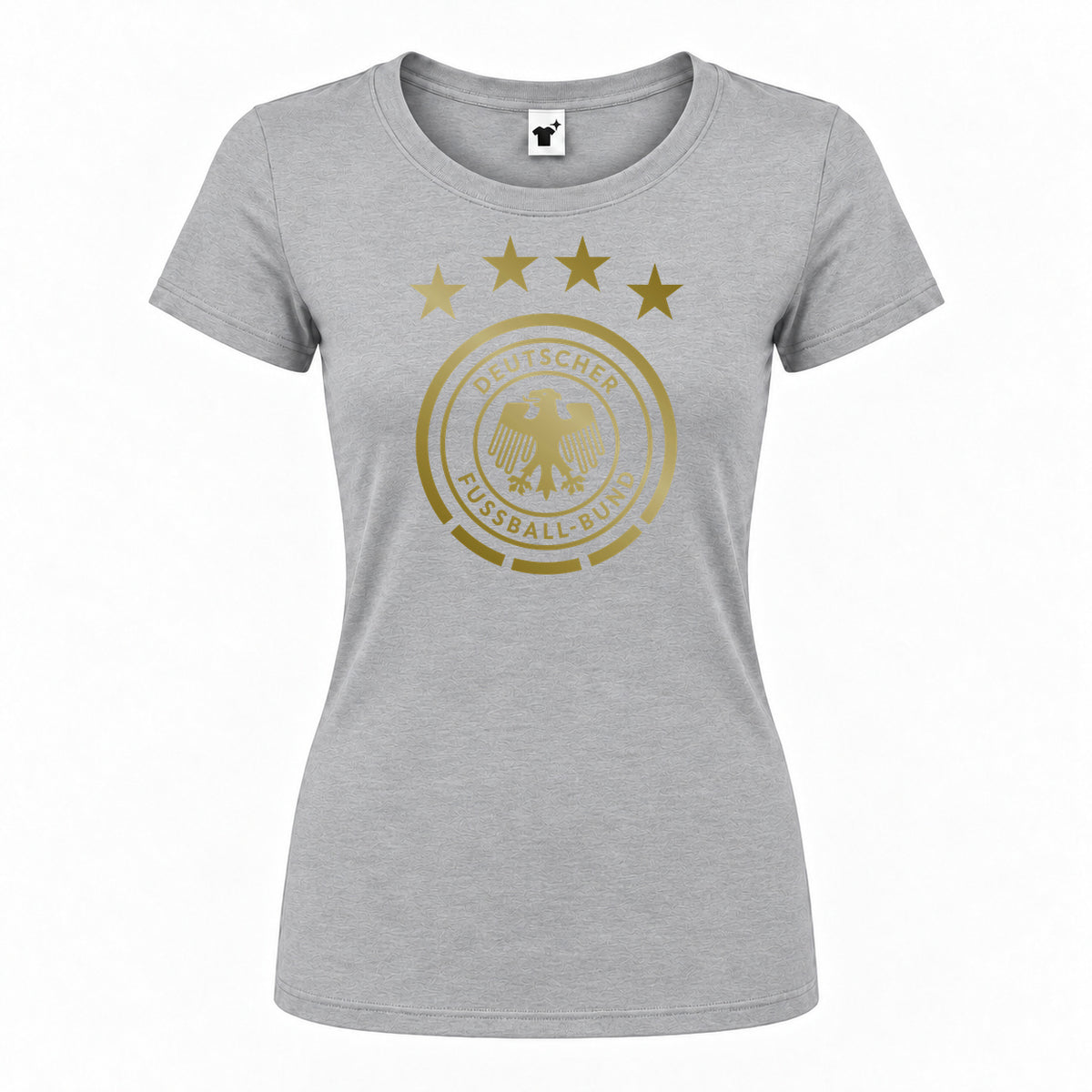 Women's Germany Soccer Round Neck T-Shirt — Grey — original logo on current Drive garment