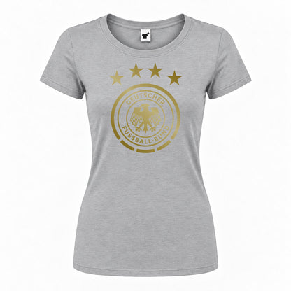 Women's Germany Soccer Round Neck T-Shirt — Grey — original logo on current Drive garment