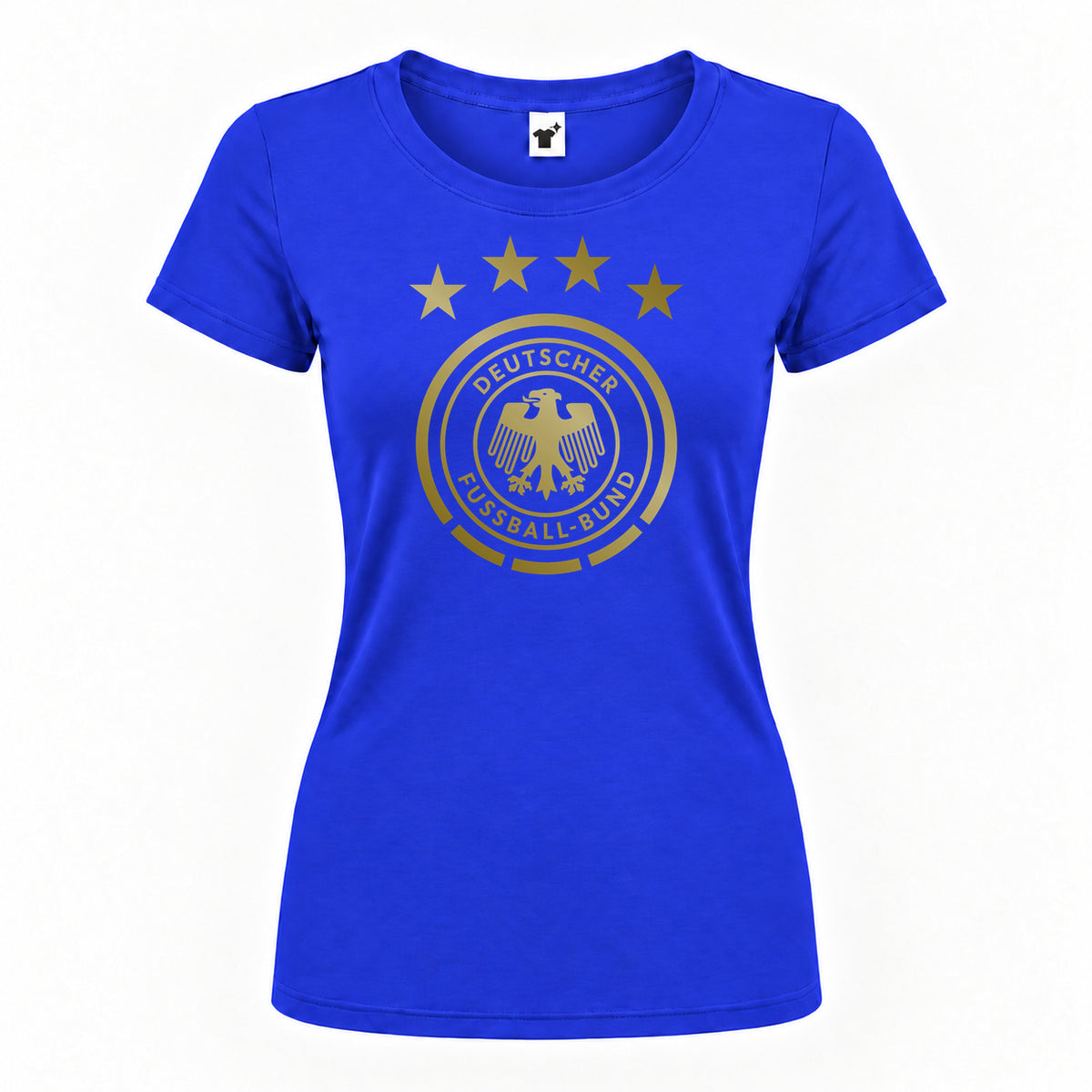 Women's Germany Soccer Round Neck T-Shirt — Royal Blue — original logo on current Drive garment