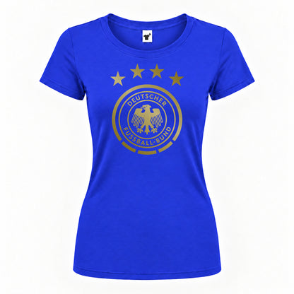 Women's Germany Soccer Round Neck T-Shirt — Royal Blue — original logo on current Drive garment