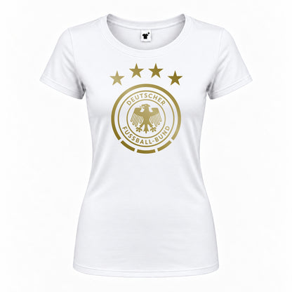 Women's Germany Soccer Round Neck T-Shirt — White — original logo on current Drive garment