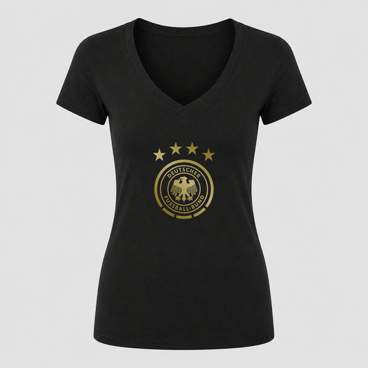 Women's Germany Soccer V-Neck T-Shirt | Color: Black | Original artwork on Drive garment