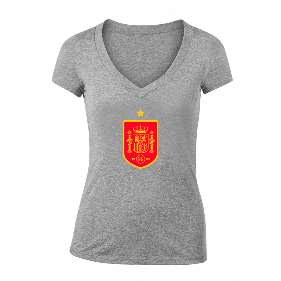 Women's Spain Red Logo National Soccer Team V-Neck T-Shirt