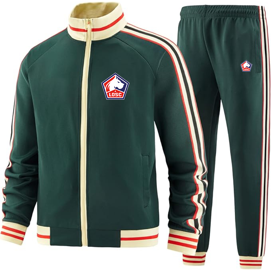 Men's Lille Olympique FC - Premium Two-Piece Designer Tracksuit with Bold Striped Accents and Zippered Front - Elevated Athletic Wear