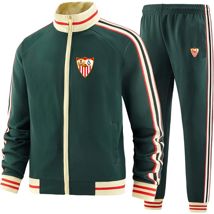 Men's  Sevilla FC  - Premium Two-Piece Designer Tracksuit with Bold Striped Accents and Zippered Front - Elevated Athletic Wear