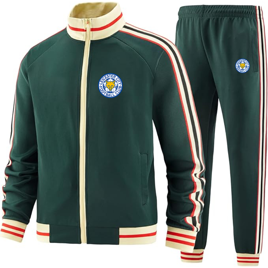 Men's Leicester City FC - Premium Two-Piece Designer Tracksuit with Bold Striped Accents and Zippered Front - Elevated Athletic Wear