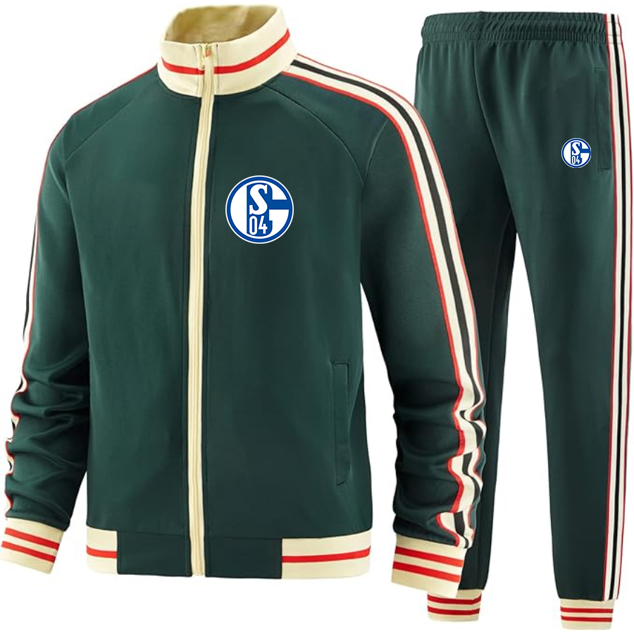 Men's  Schalke 04 FC - Premium Two-Piece Designer Tracksuit with Bold Striped Accents and Zippered Front - Elevated Athletic Wear