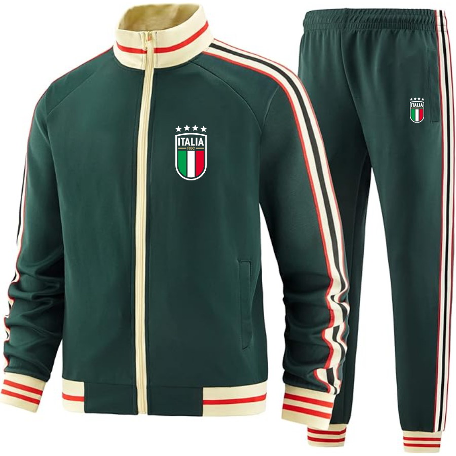 Men's Italy National Soccer Team - Premium Two-Piece Designer Tracksuit with Bold Striped Accents and Zippered Front - Elevated Athletic Wear