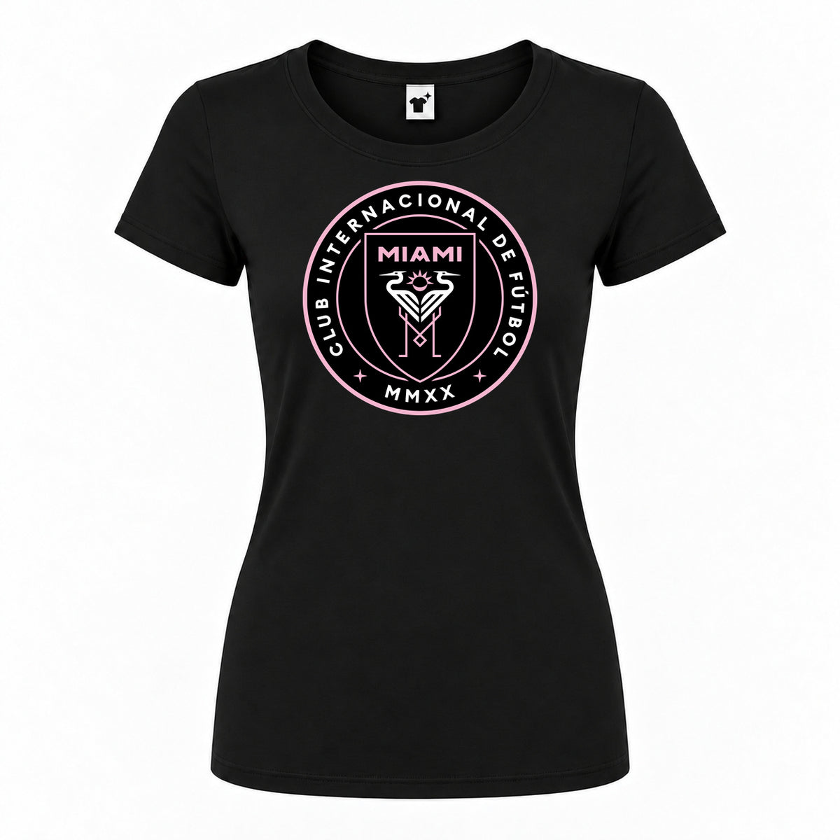 Women's Inter Miami FC Round Neck T-Shirt — Black — original logo on current Drive garment