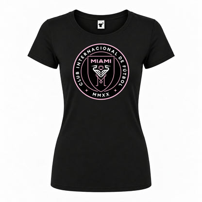 Women's Inter Miami FC Round Neck T-Shirt — Black — original logo on current Drive garment