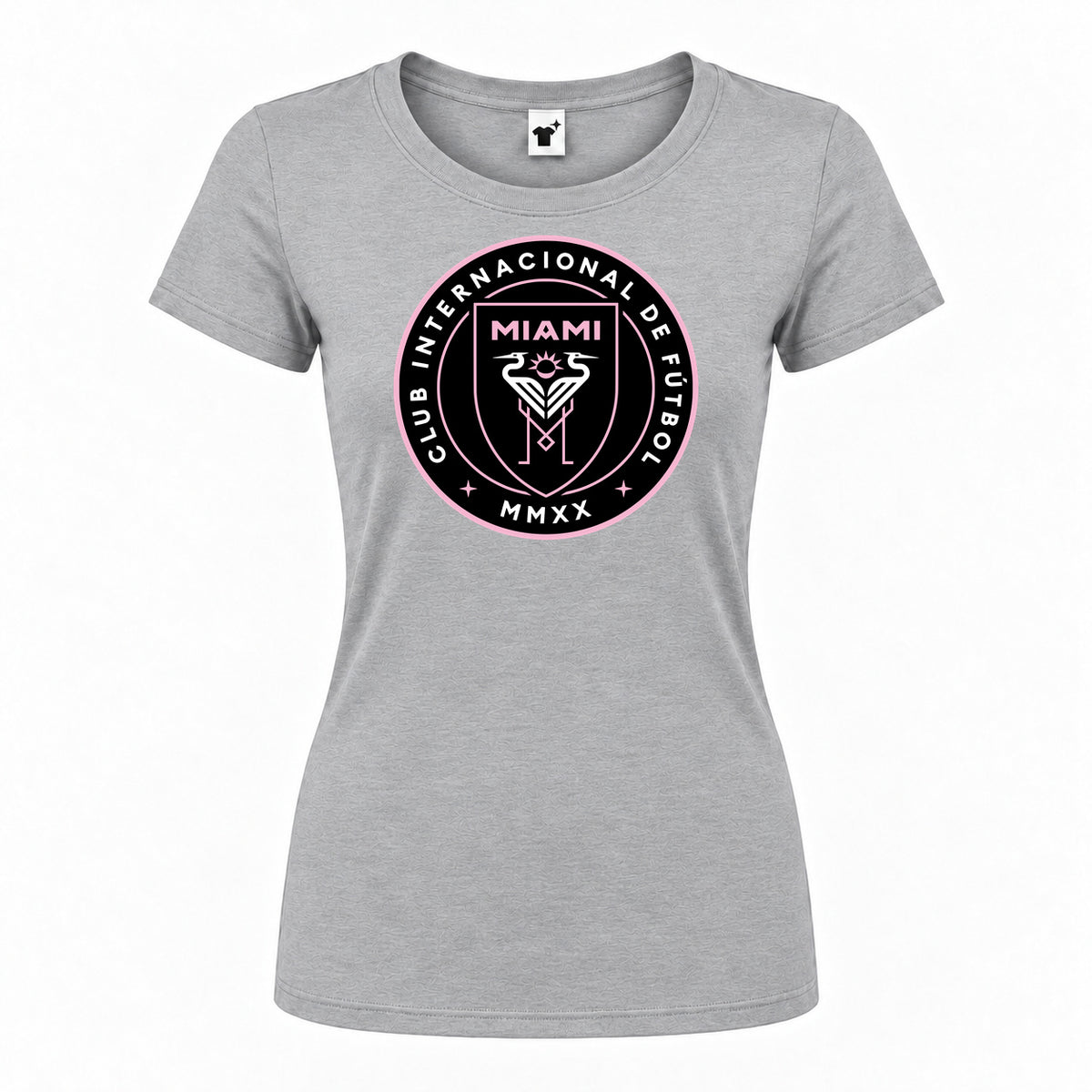 Women's Inter Miami FC Round Neck T-Shirt — Grey — original logo on current Drive garment