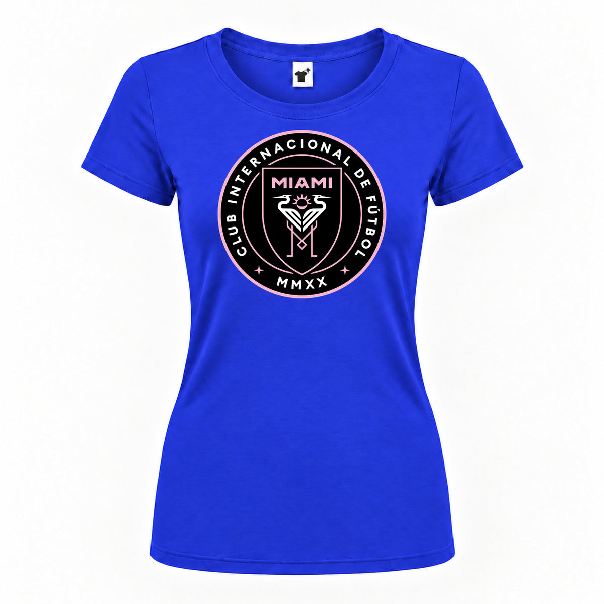 Women's Inter Miami FC Round Neck T-Shirt — Royal Blue — original logo on current Drive garment