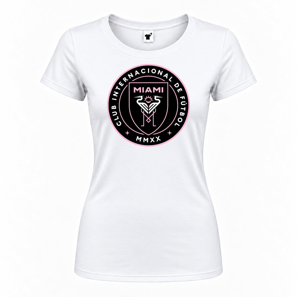 Women's Inter Miami FC Round Neck T-Shirt — White — original logo on current Drive garment