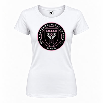 Women's Inter Miami FC Round Neck T-Shirt — White — original logo on current Drive garment
