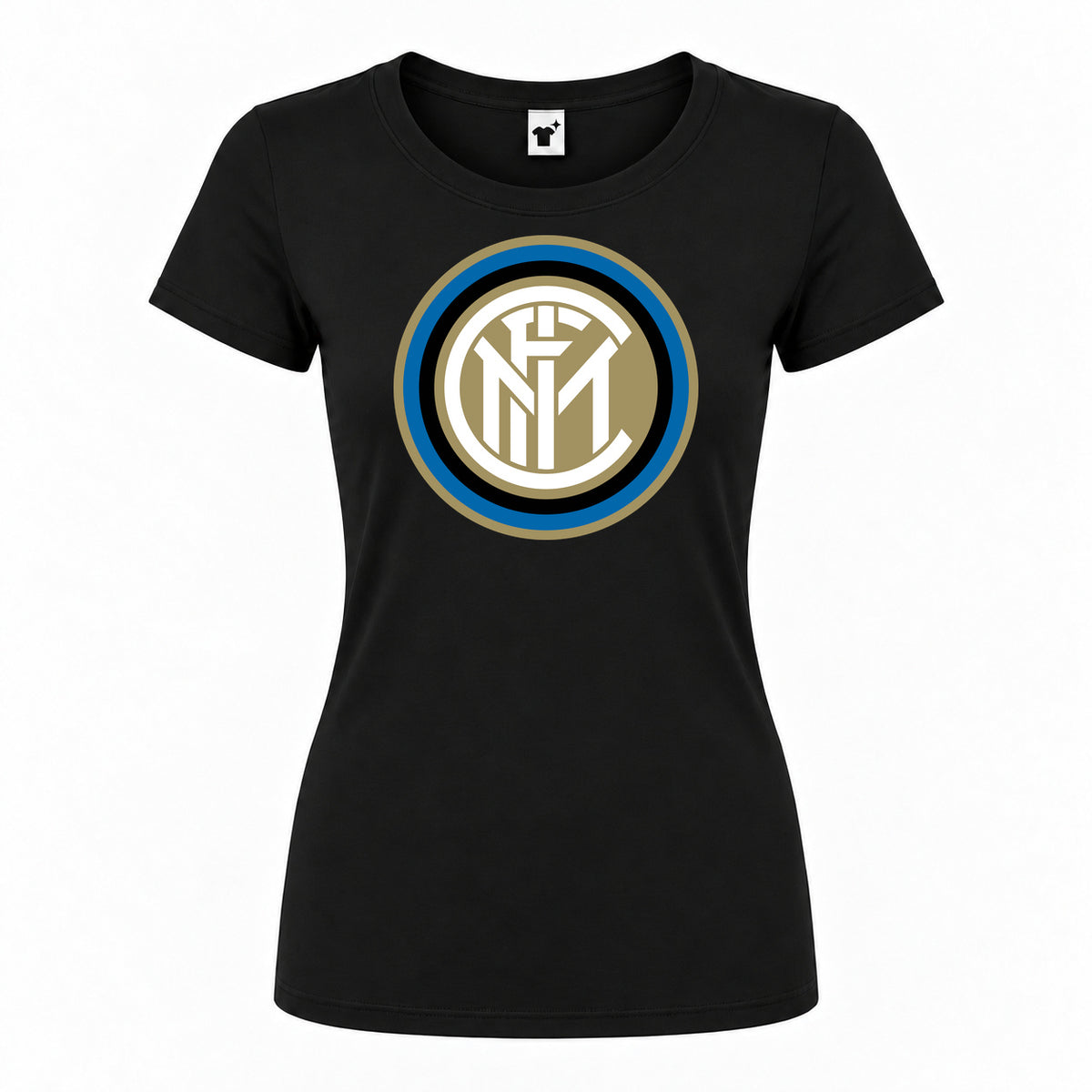 Women's Inter Milan Soccer Round Neck T-Shirt — Black — original logo on current Drive garment