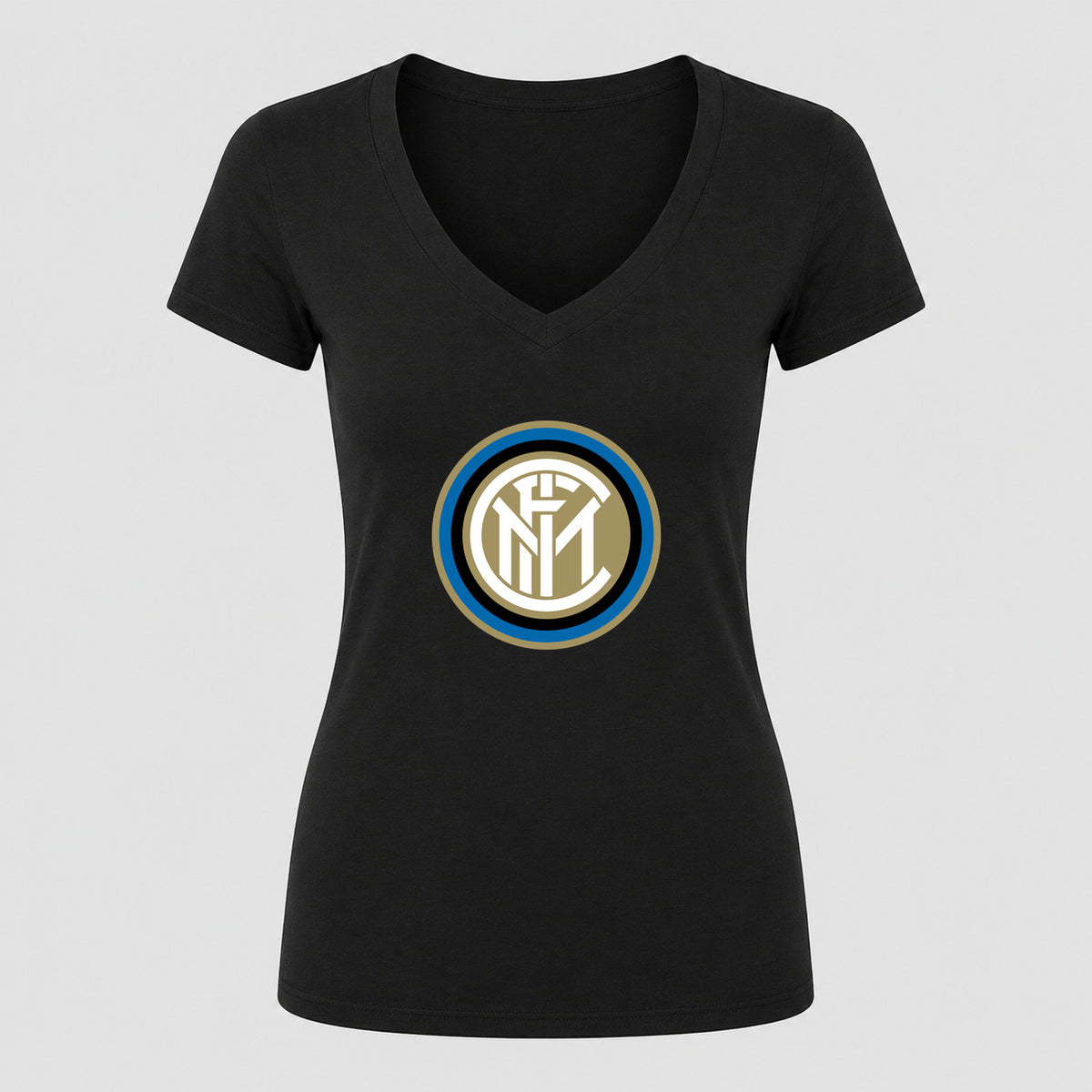 Women's Inter Milan Soccer V-Neck T-Shirt | Color: Black | Original artwork on Drive garment