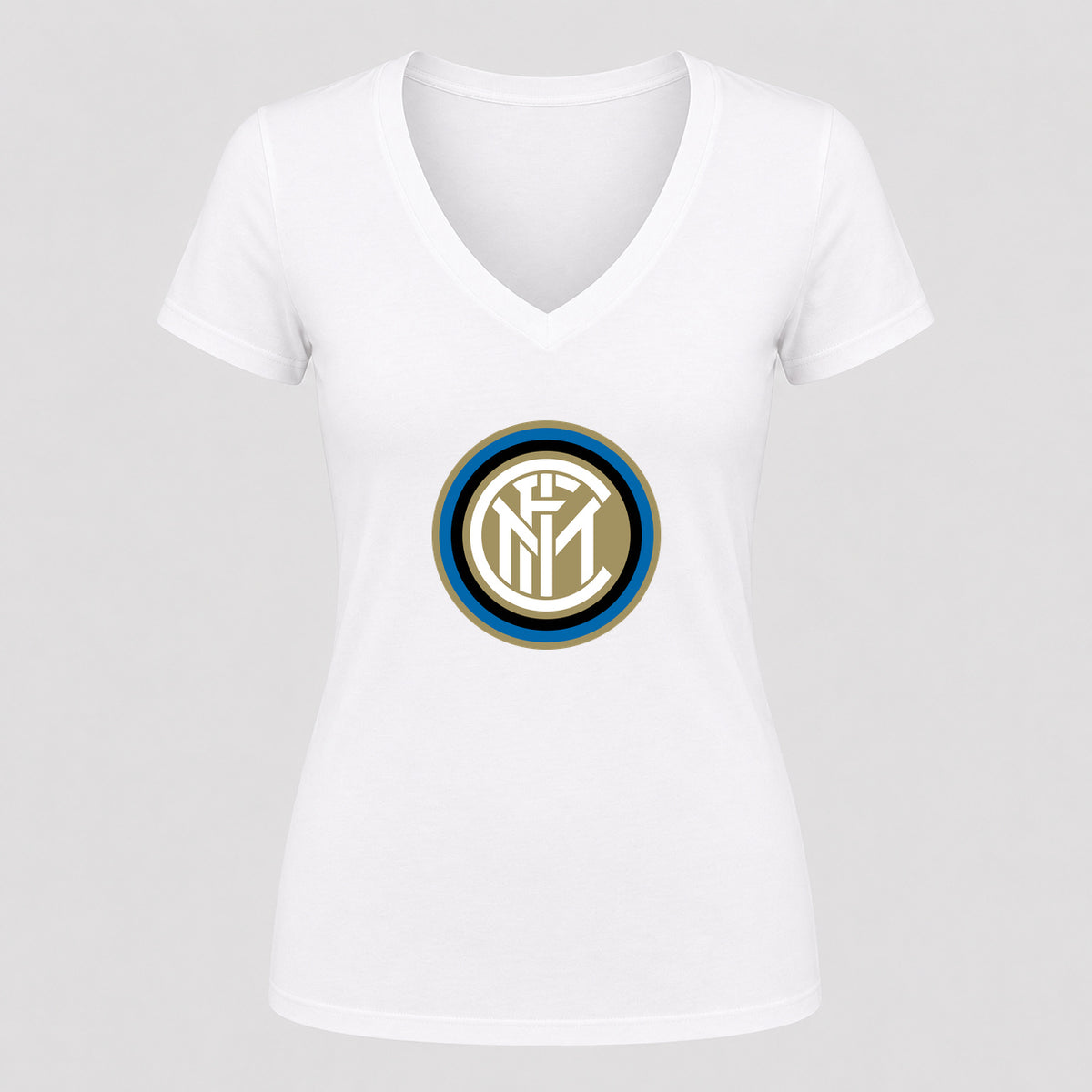 Women's Inter Milan Soccer V-Neck T-Shirt | Color: White | Original artwork on Drive garment