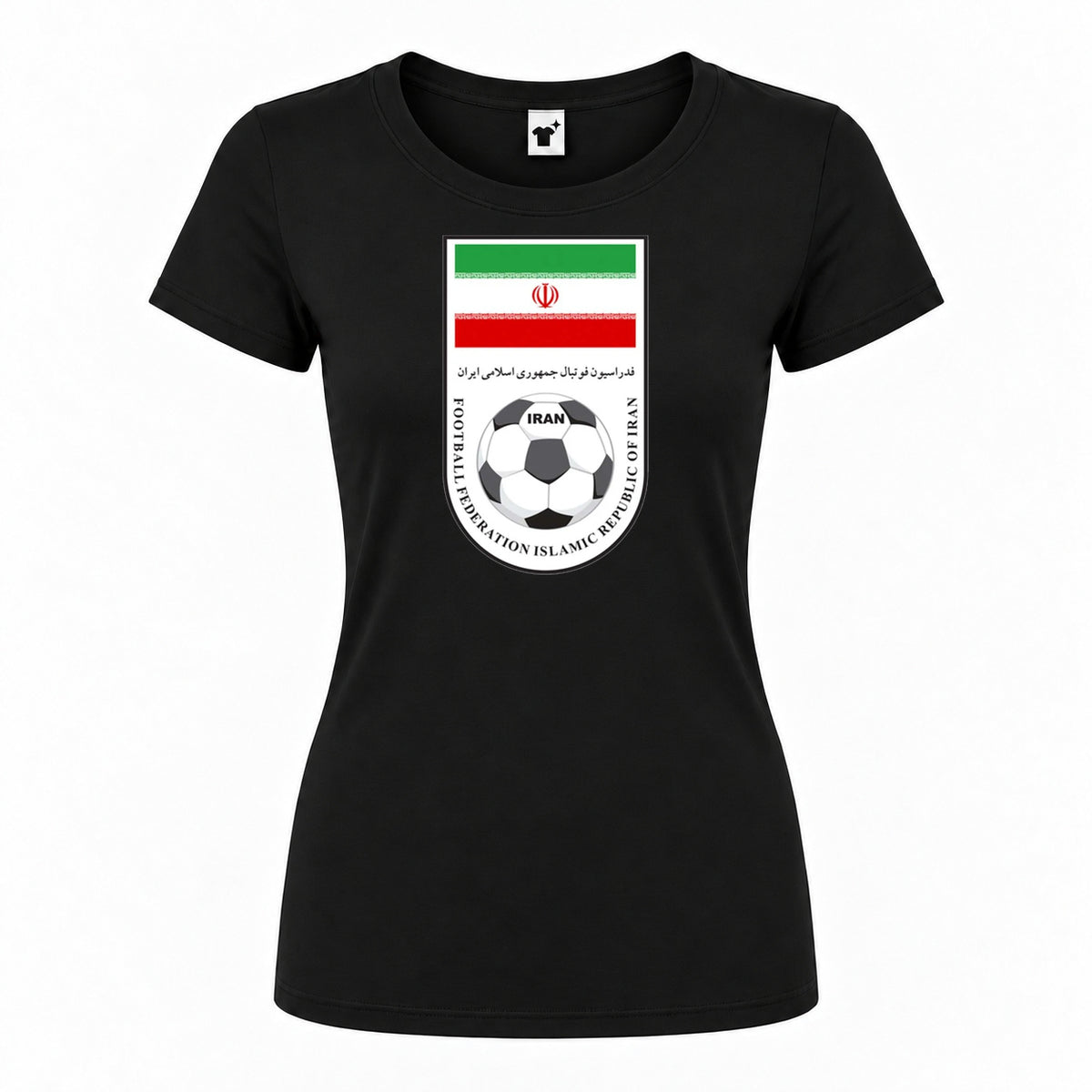 Women's Iran National Soccer Team Round Neck T-Shirt — Black — original logo on current Drive garment