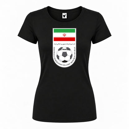 Women's Iran National Soccer Team Round Neck T-Shirt — Black — original logo on current Drive garment
