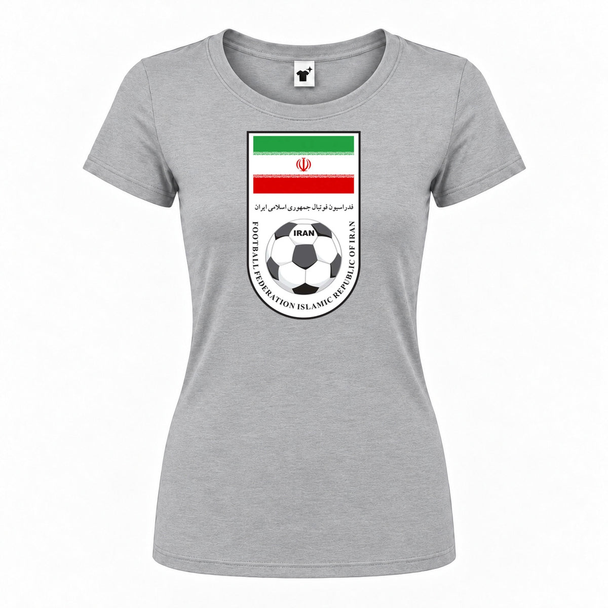 Women's Iran National Soccer Team Round Neck T-Shirt — Grey — original logo on current Drive garment