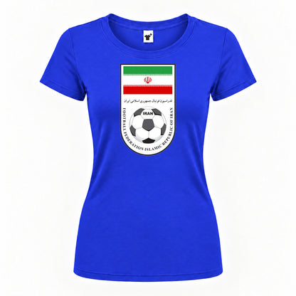 Women's Iran National Soccer Team Round Neck T-Shirt — Royal Blue — original logo on current Drive garment