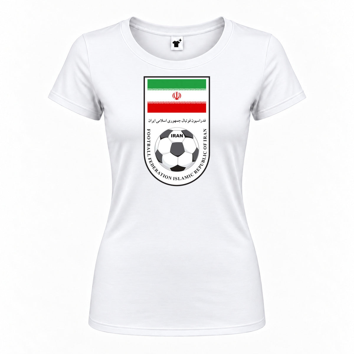 Women's Iran National Soccer Team Round Neck T-Shirt — White — original logo on current Drive garment