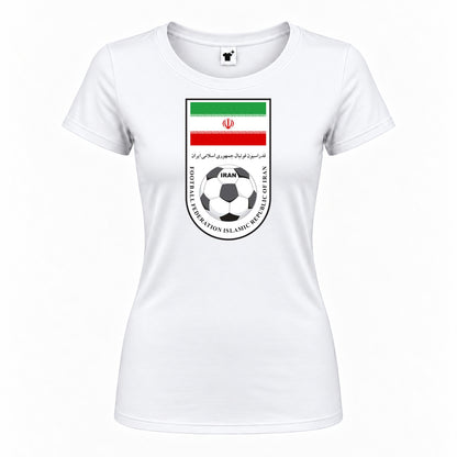Women's Iran National Soccer Team Round Neck T-Shirt — White — original logo on current Drive garment