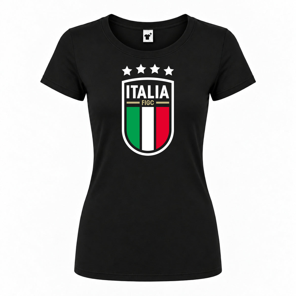 Women's Italy National Soccer Round Neck T-Shirt — Black — original logo on current Drive garment