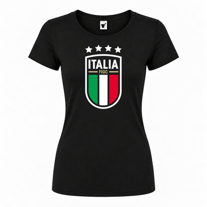 Women's Italy National Soccer Round Neck T-Shirt — Black — original logo on current Drive garment