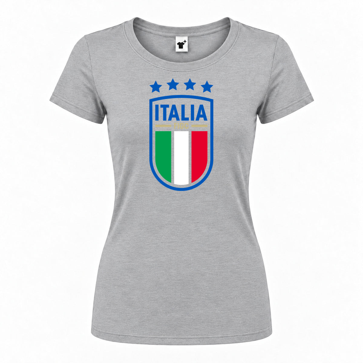 Women's Italy National Soccer Round Neck T-Shirt — Grey — original logo on current Drive garment