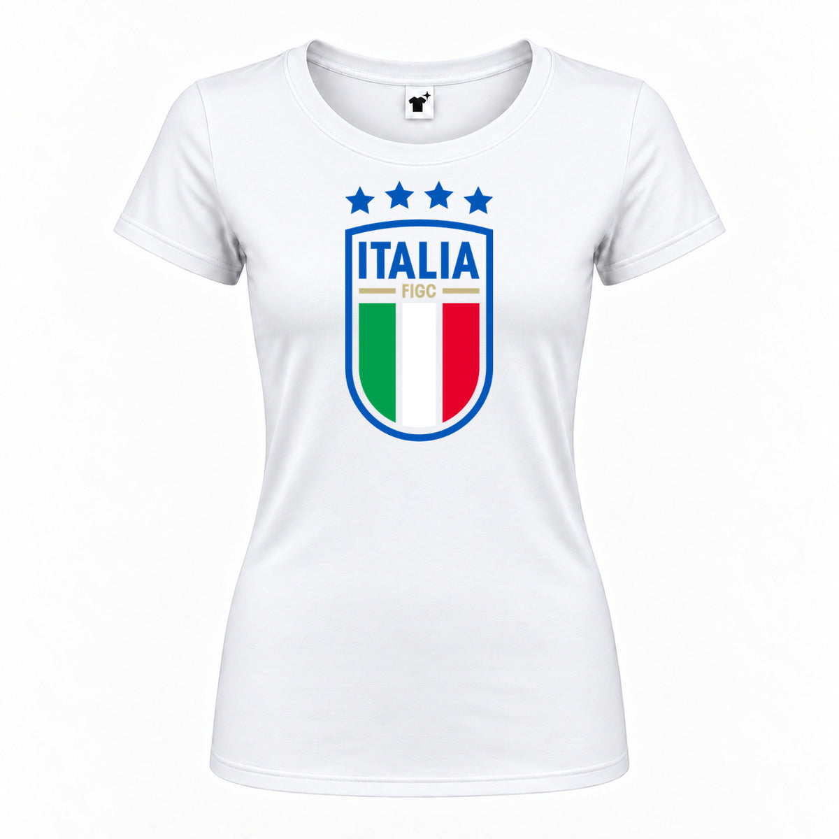 Women's Italy National Soccer Round Neck T-Shirt — White — original logo on current Drive garment